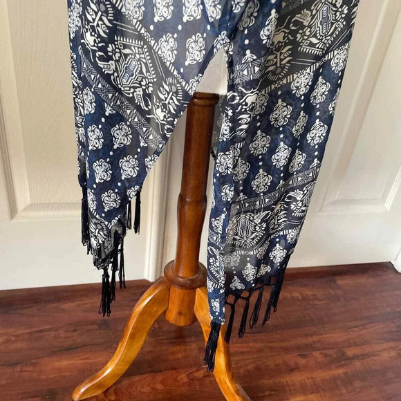 Womens Kimono Cover Up OSFM Tassels Blue Boho Hippie Longline Lagenlook Open - Picture 4 of 8